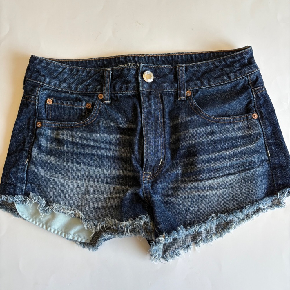 American Eagle Hi-Rise Festival Denim Shorts‎ Dark Wash Frayed Hem Womens Size 8